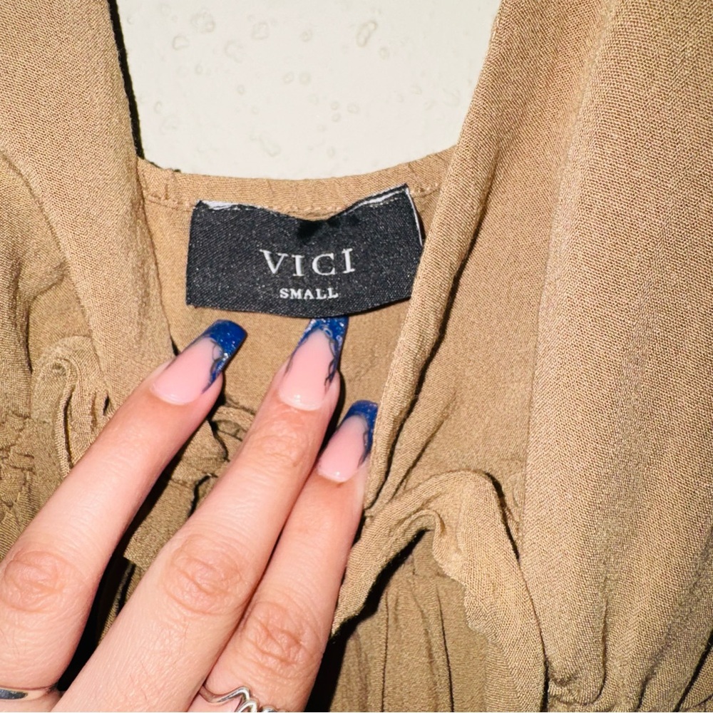 VICI Tie Sleeve Brown Keyhole Ruffle Bell Leg Jumpsuit - Picture 4 of 7